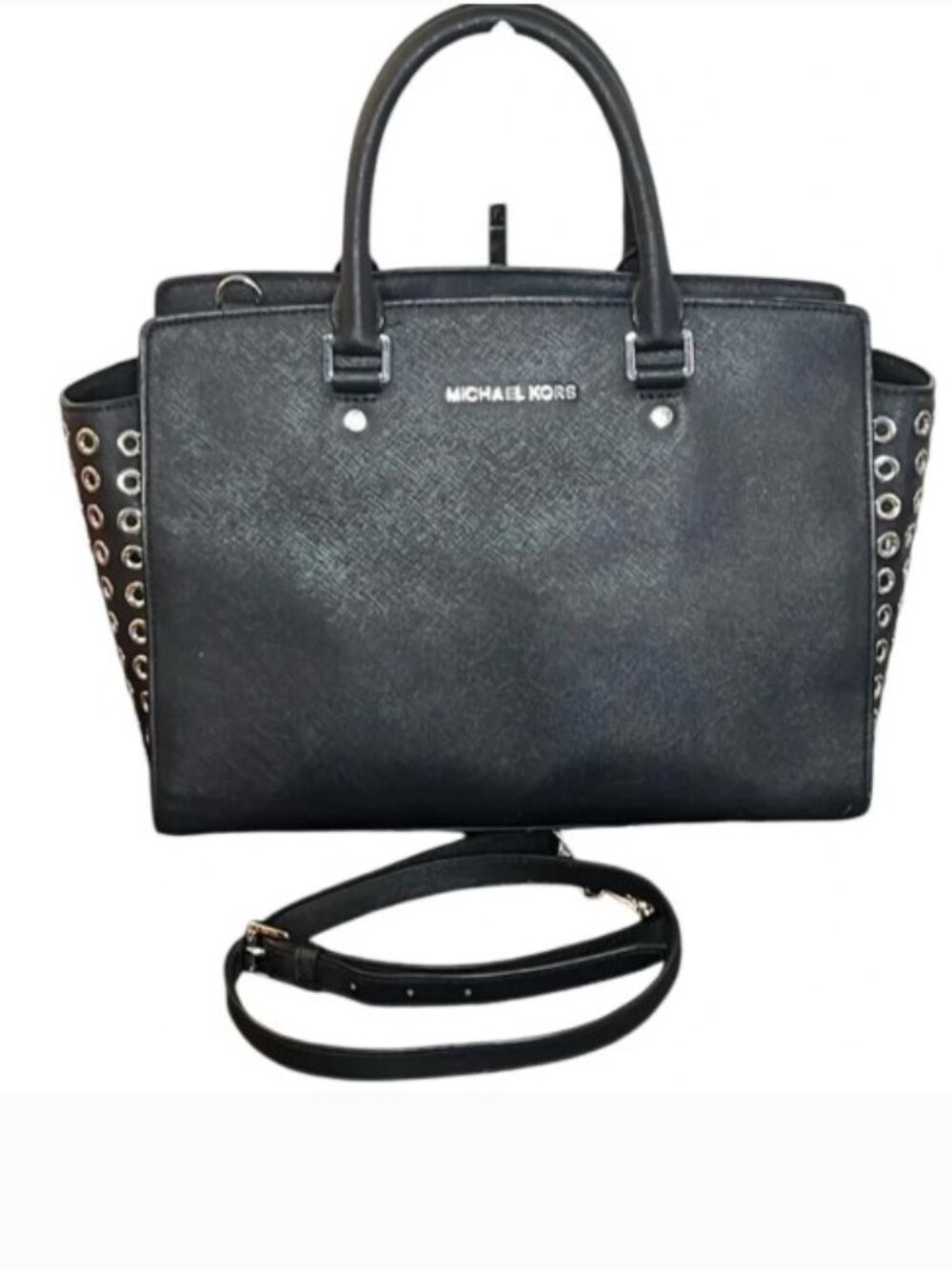 Chic Michael Kors Selma Grommet Black Satchel with Silver Accents